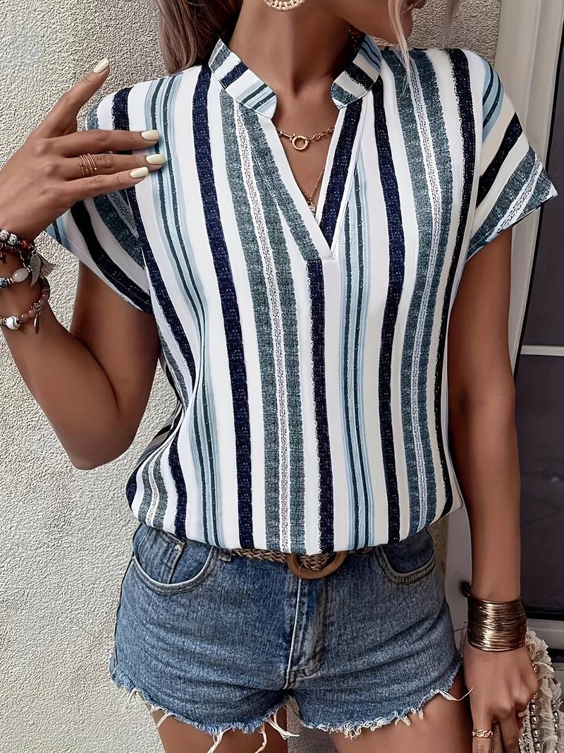 Vertical Stripe Split Neck Cuffed Blouse - Blue