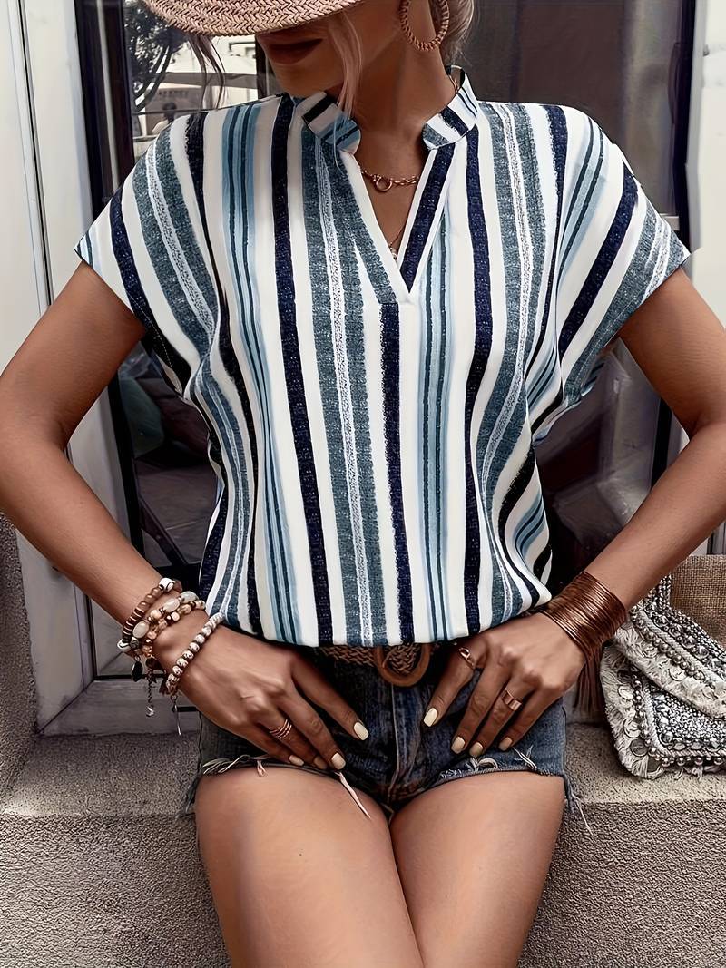 Vertical Stripe Split Neck Cuffed Blouse - Blue - 1