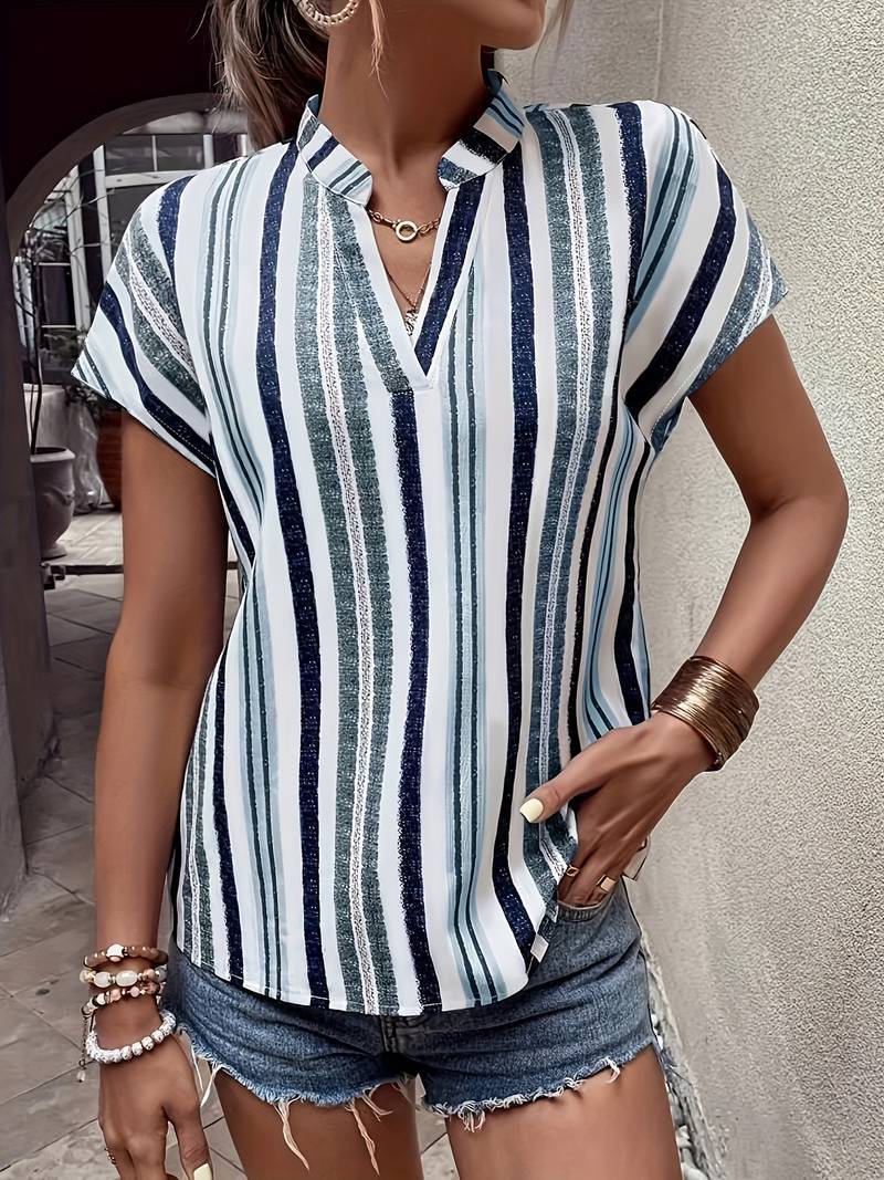 Vertical Stripe Split Neck Cuffed Blouse - Blue - 2