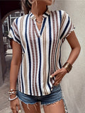 Vertical Stripe Split Neck Cuffed Blouse - Khaki