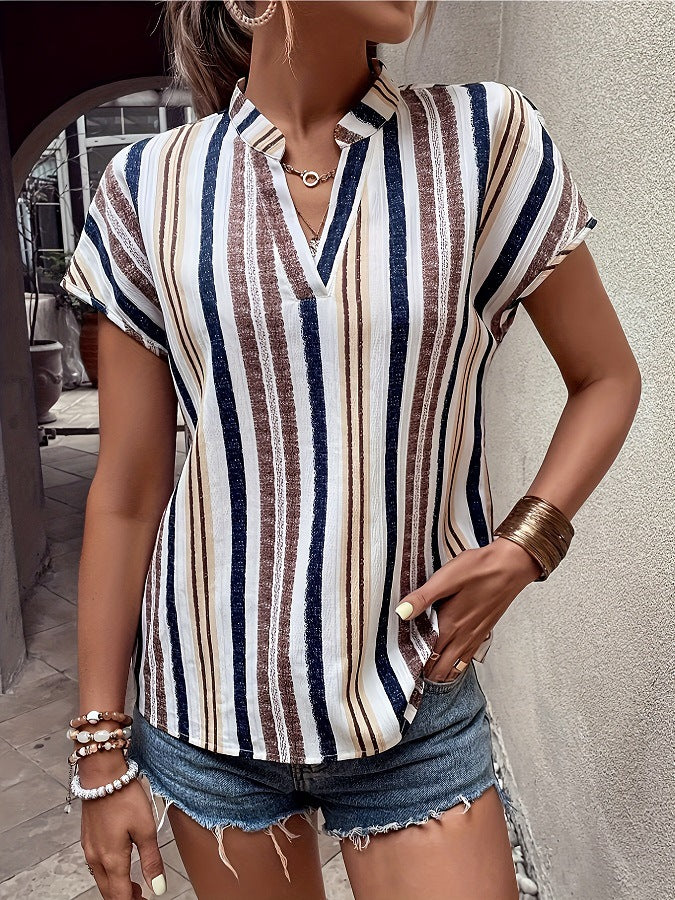 Vertical Stripe Split Neck Cuffed Blouse - Khaki