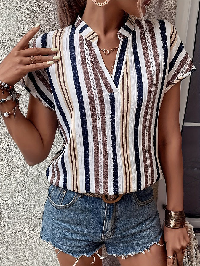 Vertical Stripe Split Neck Cuffed Blouse - Khaki - 1