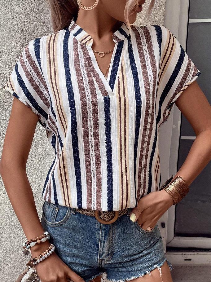 Vertical Stripe Split Neck Cuffed Blouse - Khaki - 2
