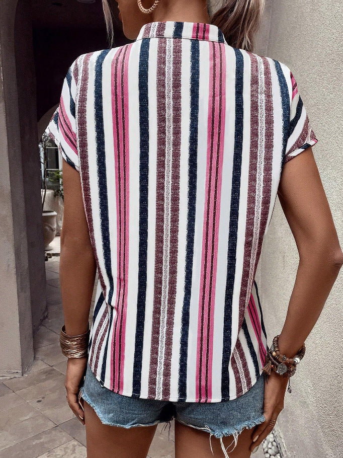 Vertical Stripe Split Neck Cuffed Blouse - Red - 1