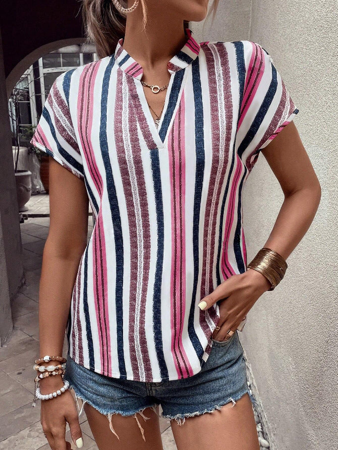 Vertical Stripe Split Neck Cuffed Blouse