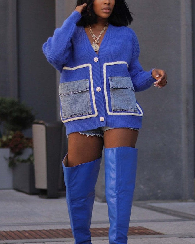 Denim Patch Pocket Button Knit Cardigan - Blue
