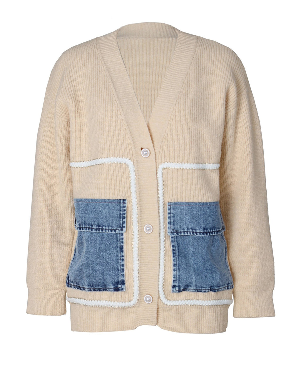 Denim Patch Pocket Button Knit Cardigan - Khaki - 1