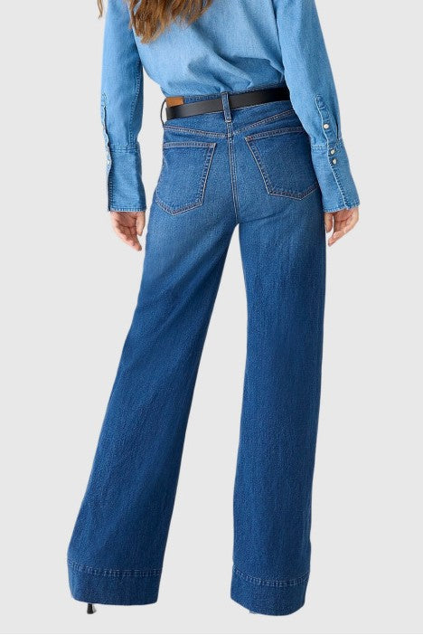Longline Flat Front Wide Leg Jeans - Blue - 1