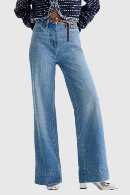 Longline Flat Front Wide Leg Jeans - LTBlue