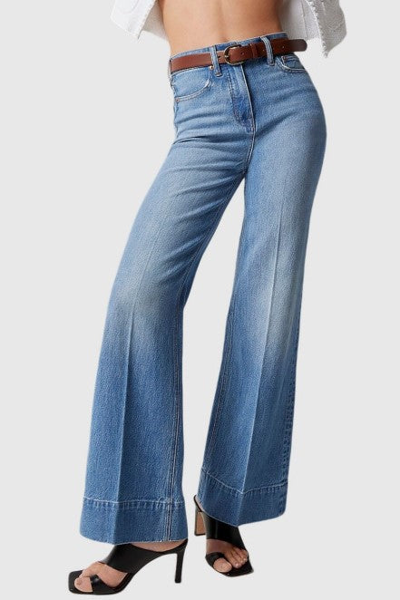 Longline Flat Front Wide Leg Jeans - LTBlue - 1