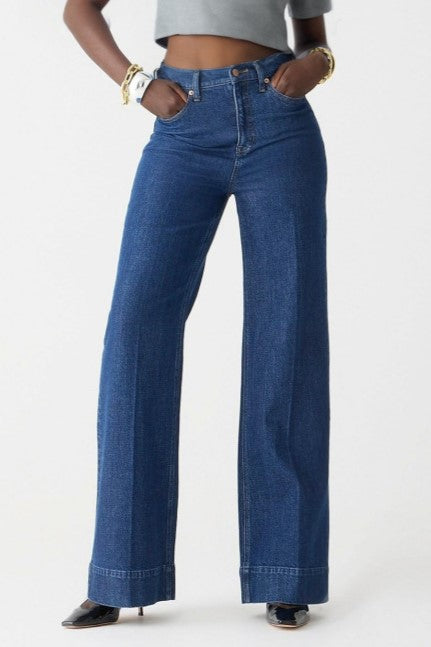 Longline Flat Front Wide Leg Jeans - indigo