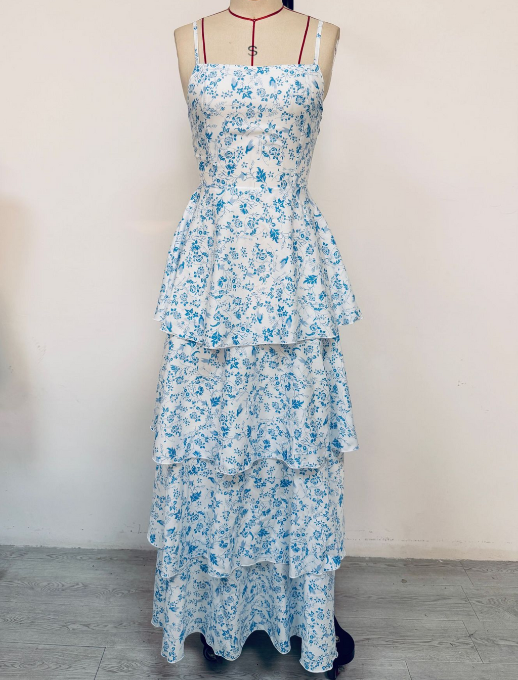 Tiered Ruffle Floral Maxi Dress With Bow - Blue