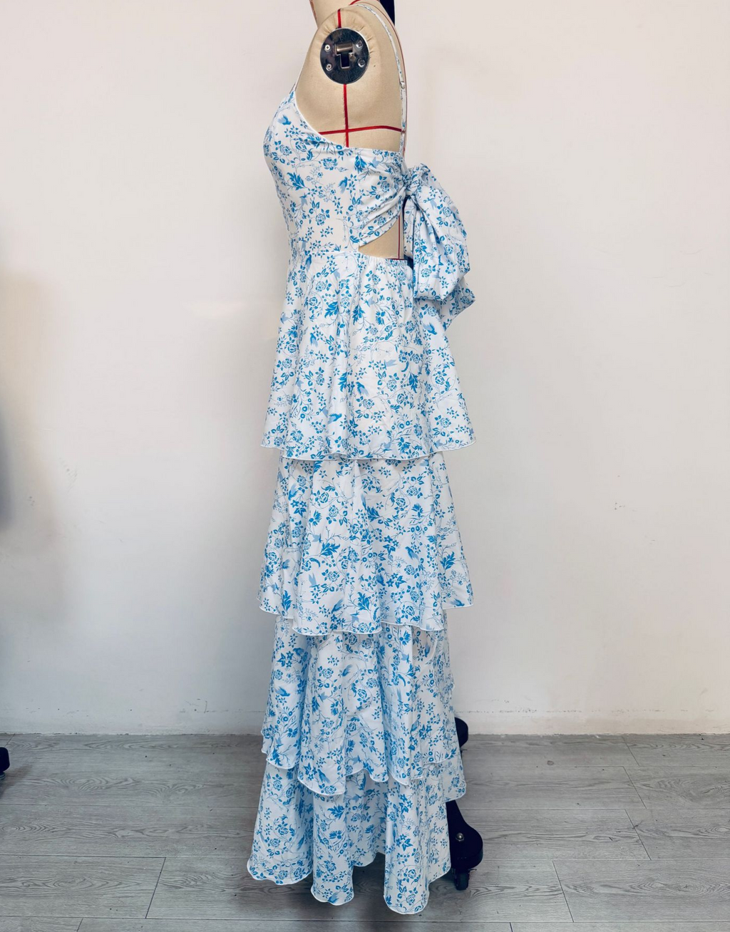 Tiered Ruffle Floral Maxi Dress With Bow - Blue - 1