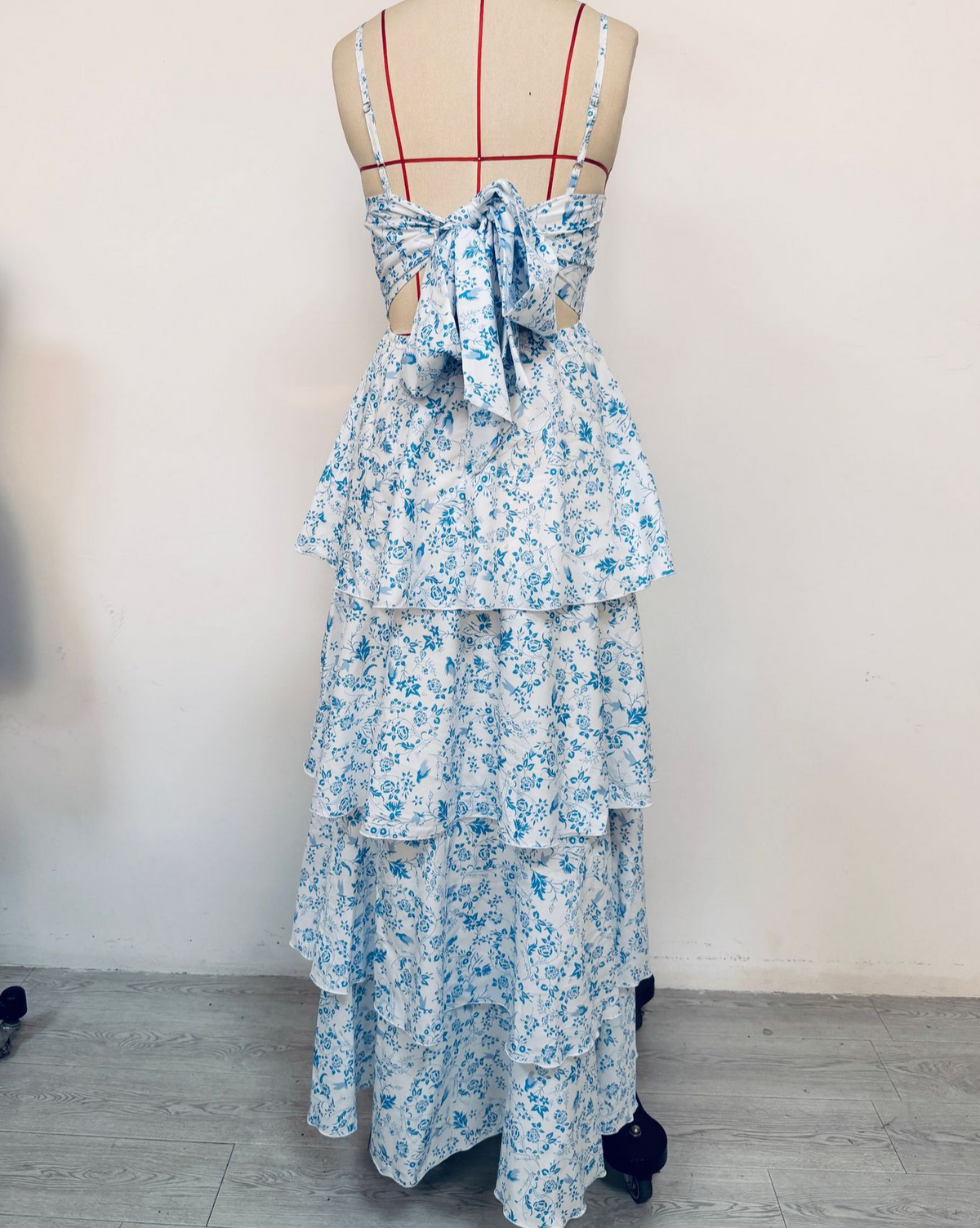 Tiered Ruffle Floral Maxi Dress With Bow - Blue - 2