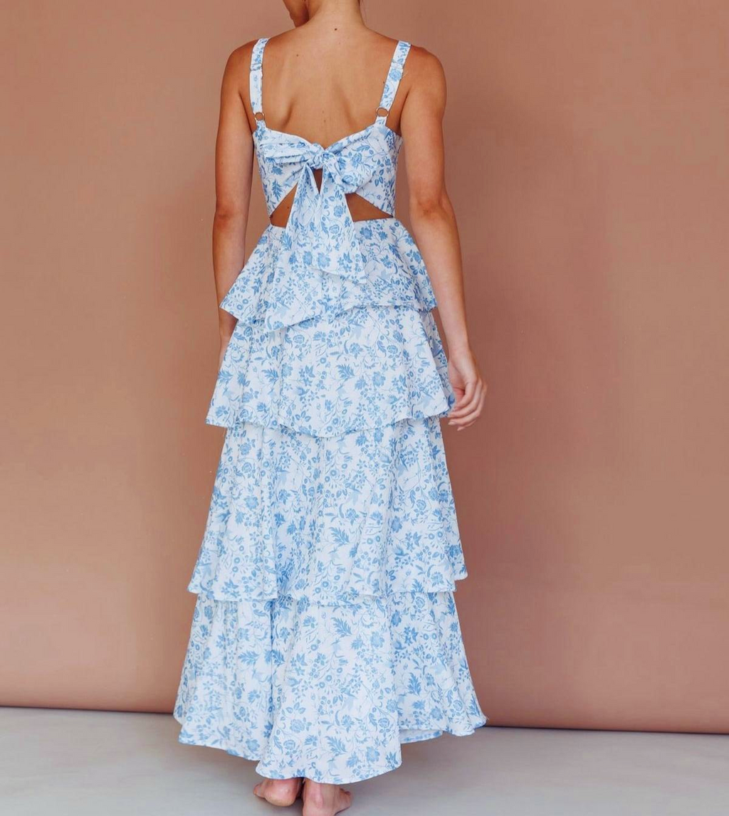 Tiered Ruffle Floral Maxi Dress With Bow - Blue - 3