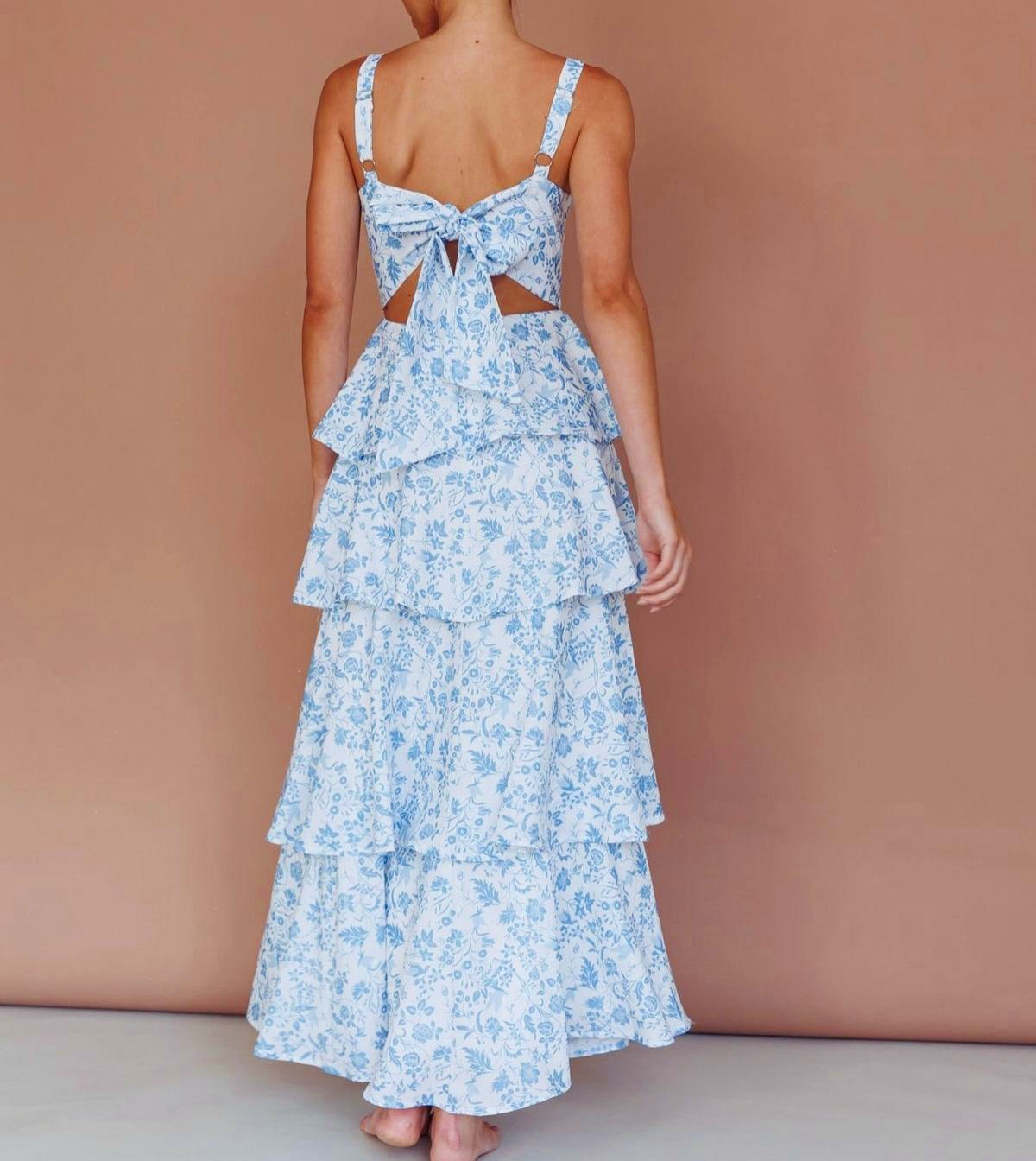 Tiered Ruffle Floral Maxi Dress With Bow - Blue - 3