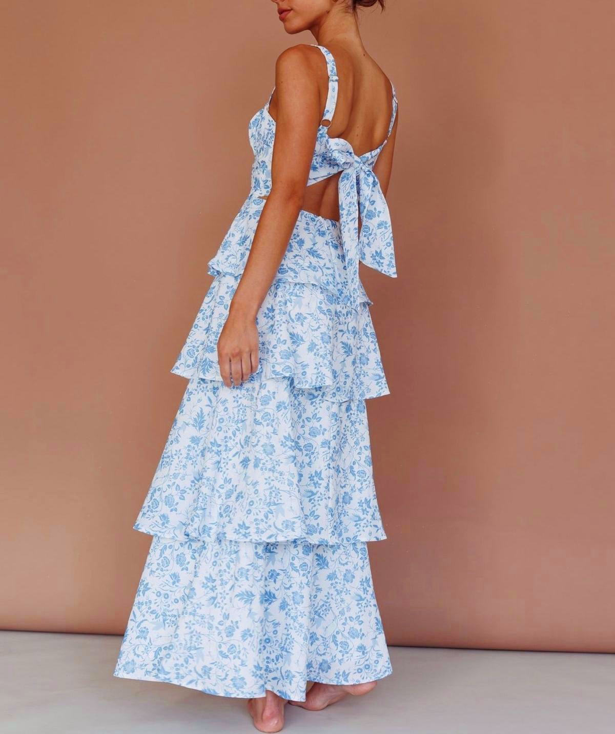 Tiered Ruffle Floral Maxi Dress With Bow - Blue - 4