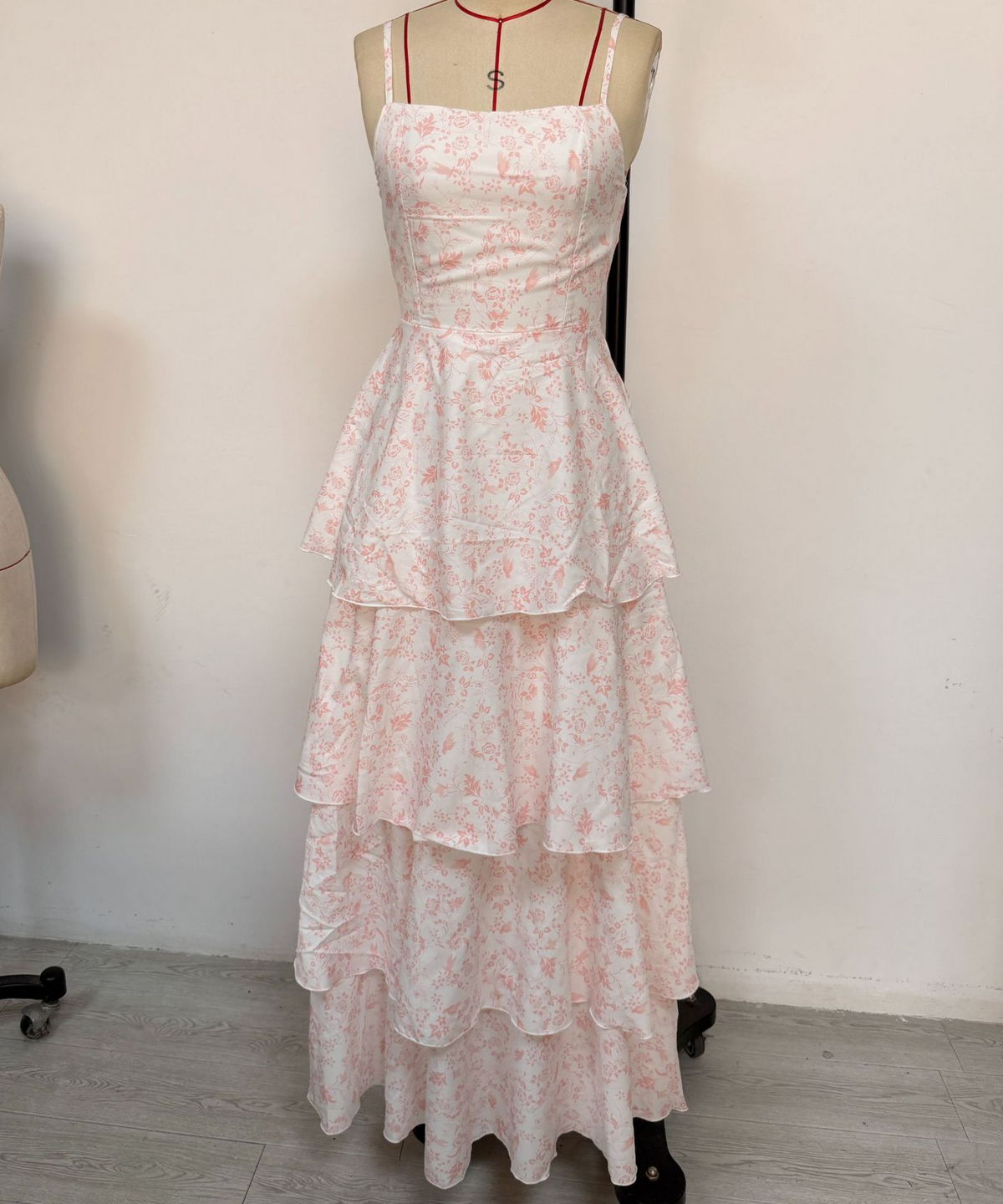 Tiered Ruffle Floral Maxi Dress With Bow - Pink