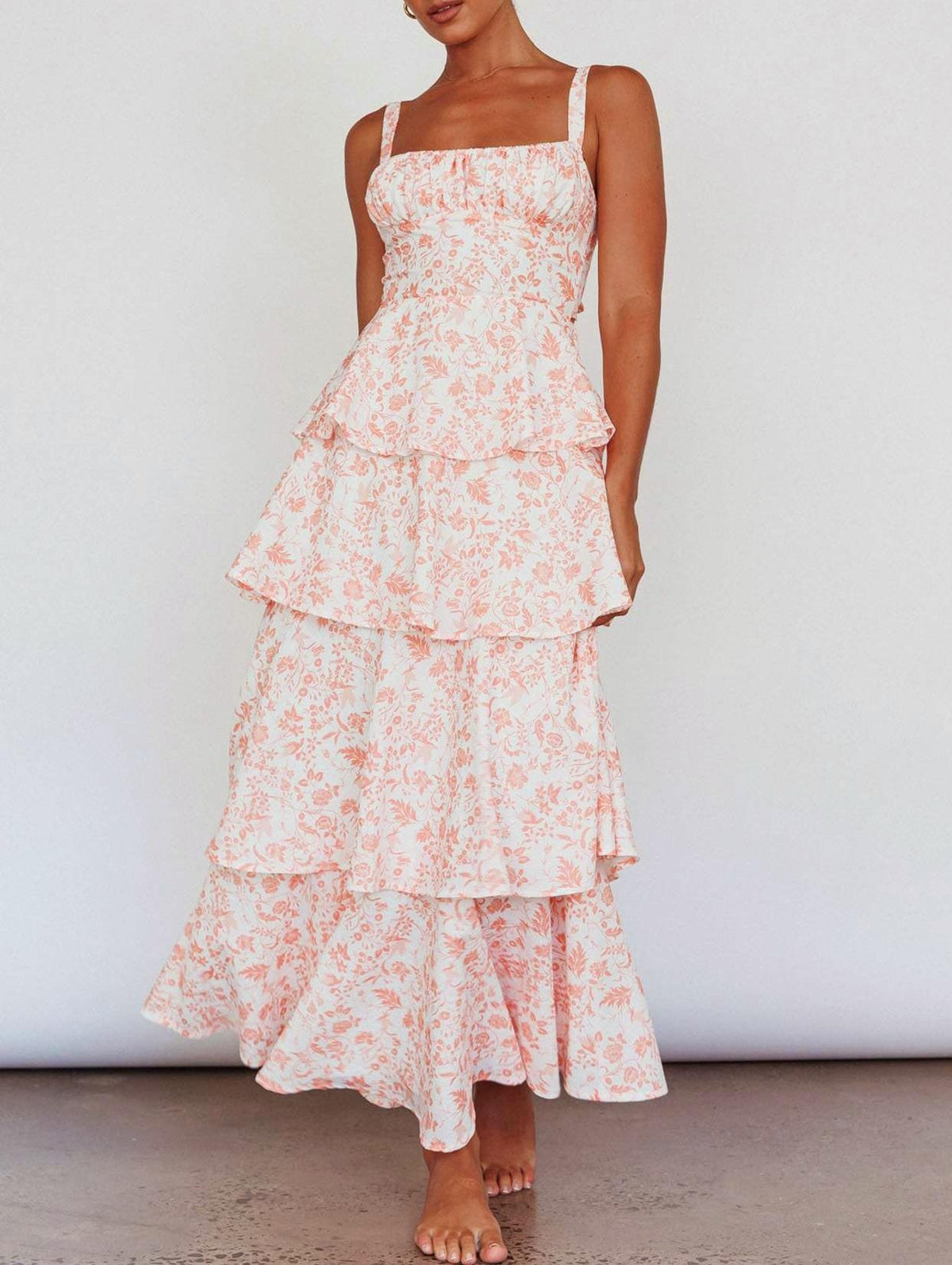 Tiered Ruffle Floral Maxi Dress With Bow - Pink - 3