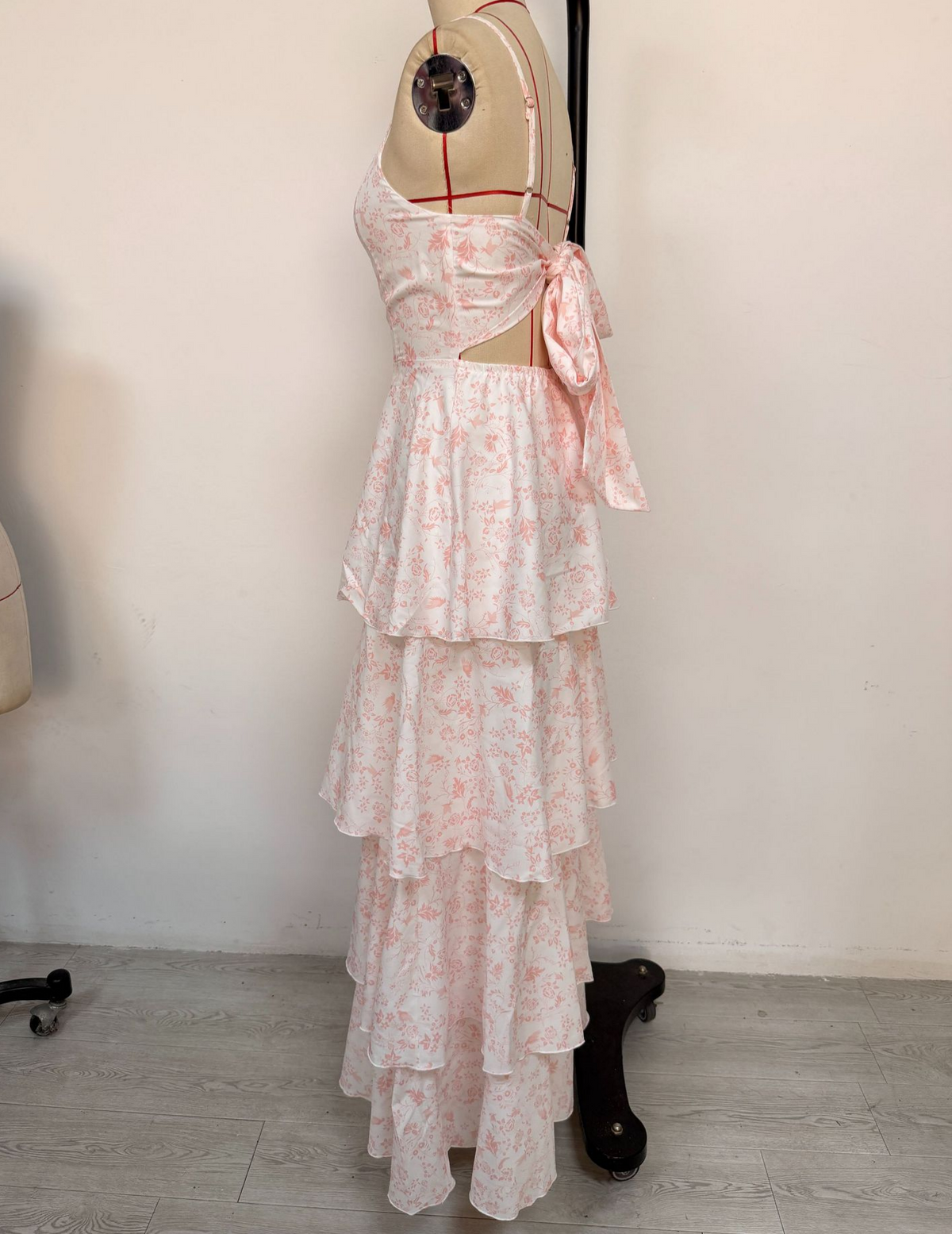Tiered Ruffle Floral Maxi Dress With Bow - Pink - 4