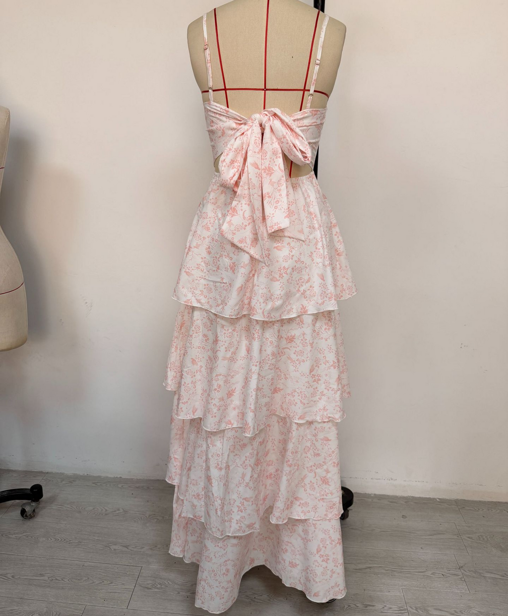 Tiered Ruffle Floral Maxi Dress With Bow - Pink - 5