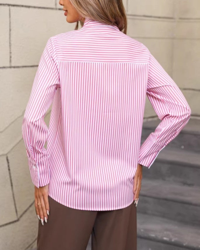 Vertical Stripe Button Front Collared Shirt - Pink - 1