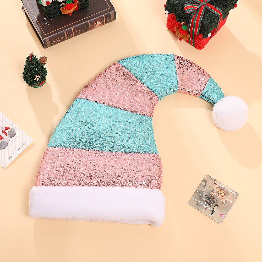 Color Block Santa Beanie with Curled Pom Pom Tip - PinkBlue