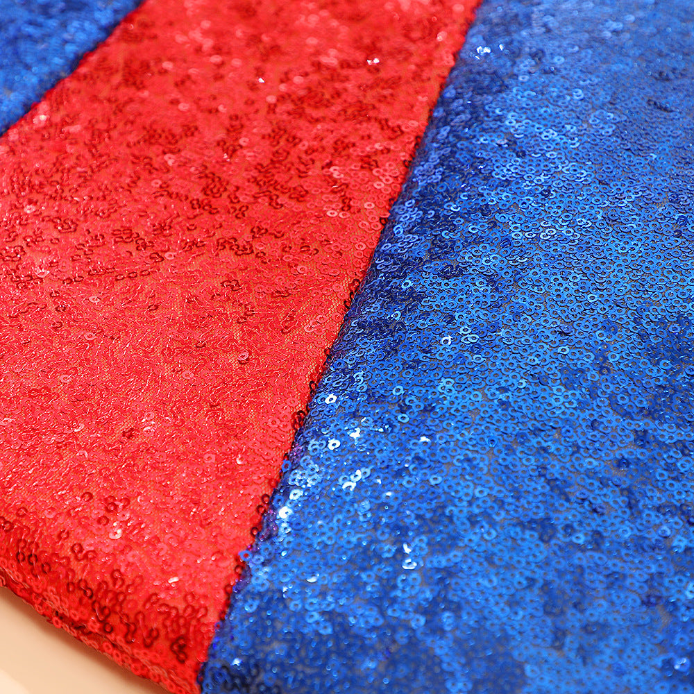 Color Block Santa Beanie with Curled Pom Pom Tip - RedBlue - 1