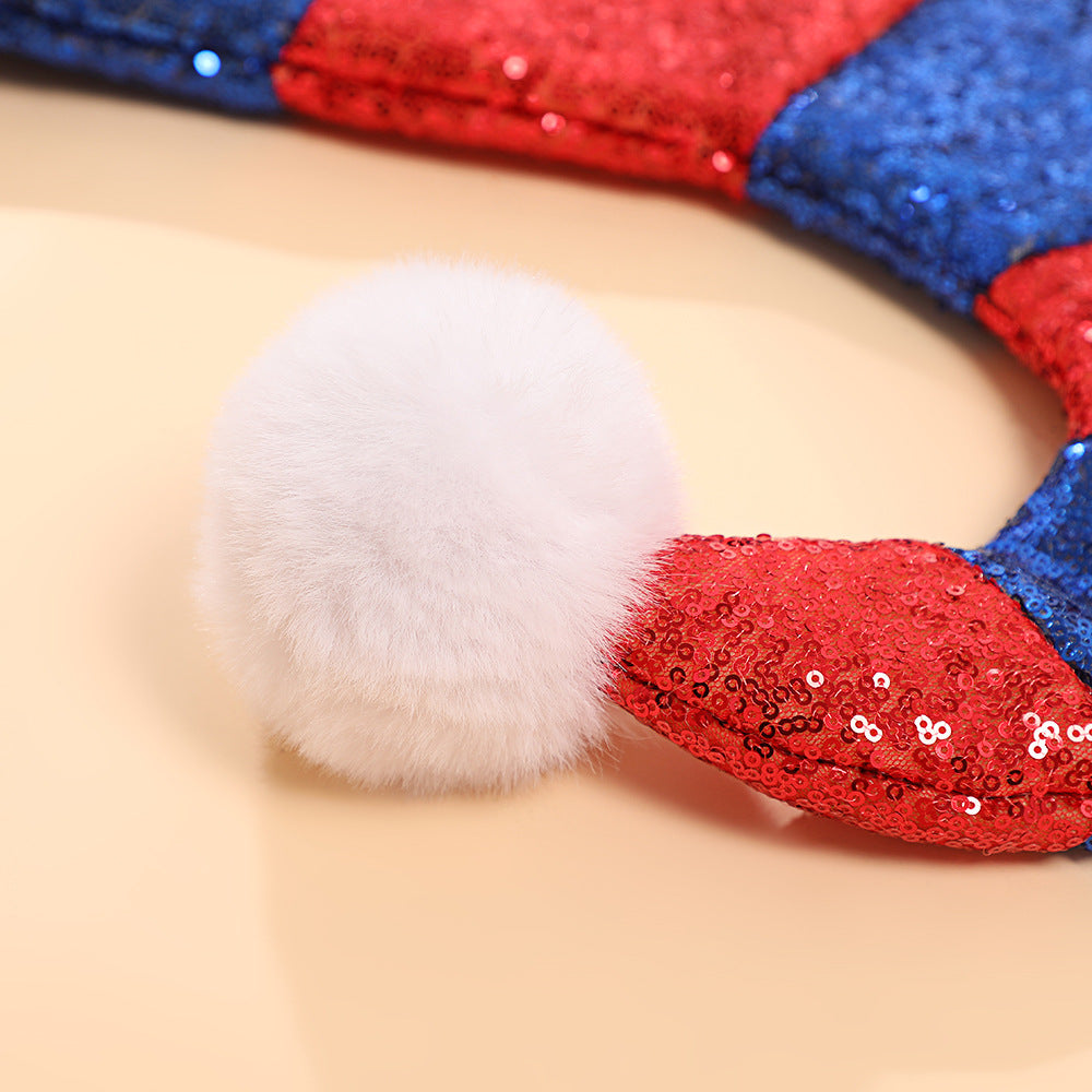 Color Block Santa Beanie with Curled Pom Pom Tip - RedBlue - 2