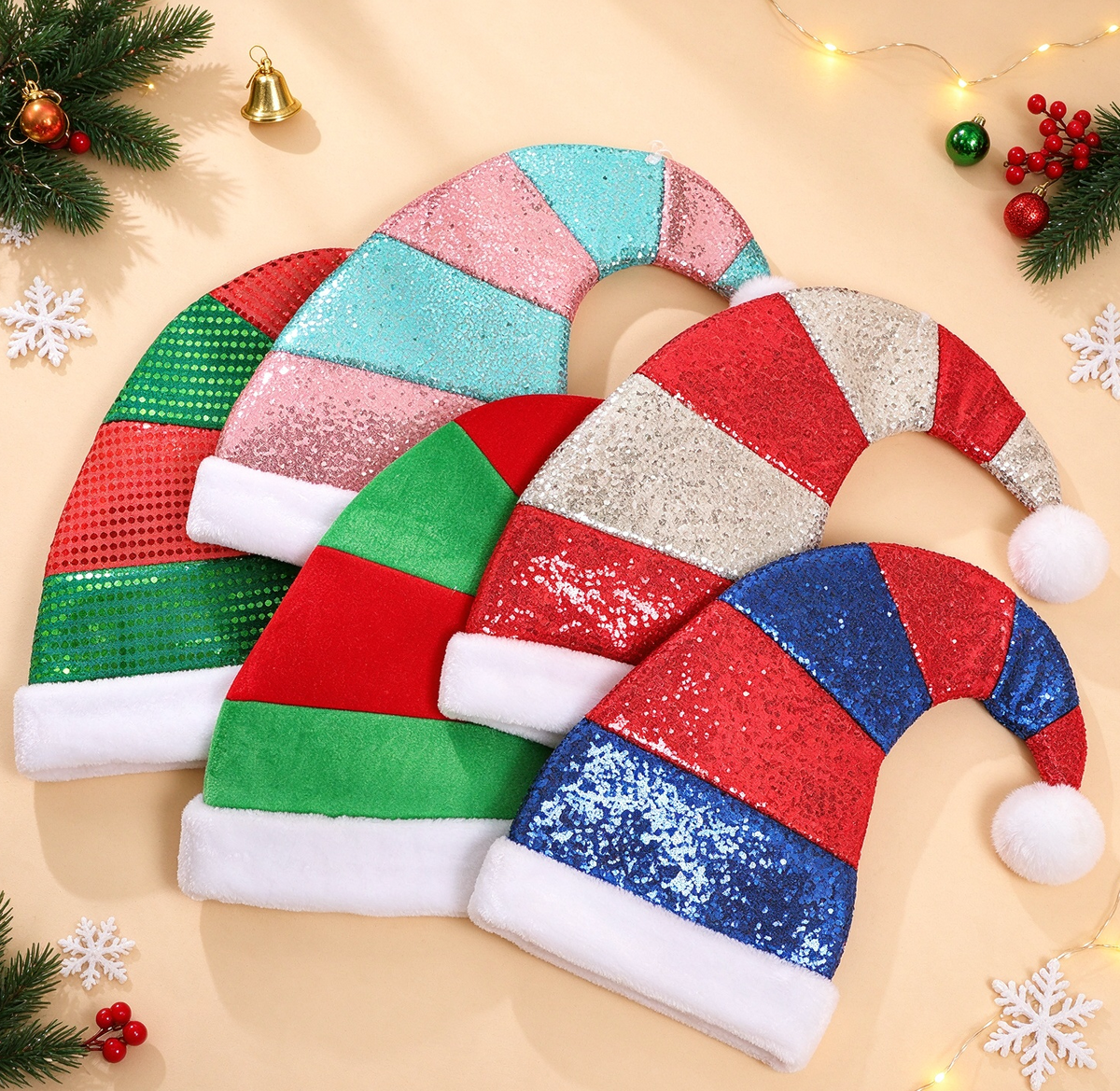 Color Block Santa Beanie with Curled Pom Pom Tip