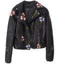 Floral Embroidered Faux Leather Studded Moto Jacket - Black