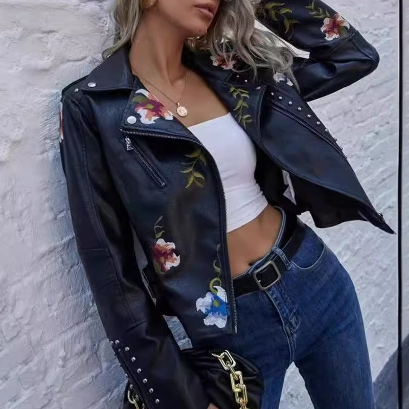 Floral Embroidered Faux Leather Studded Moto Jacket