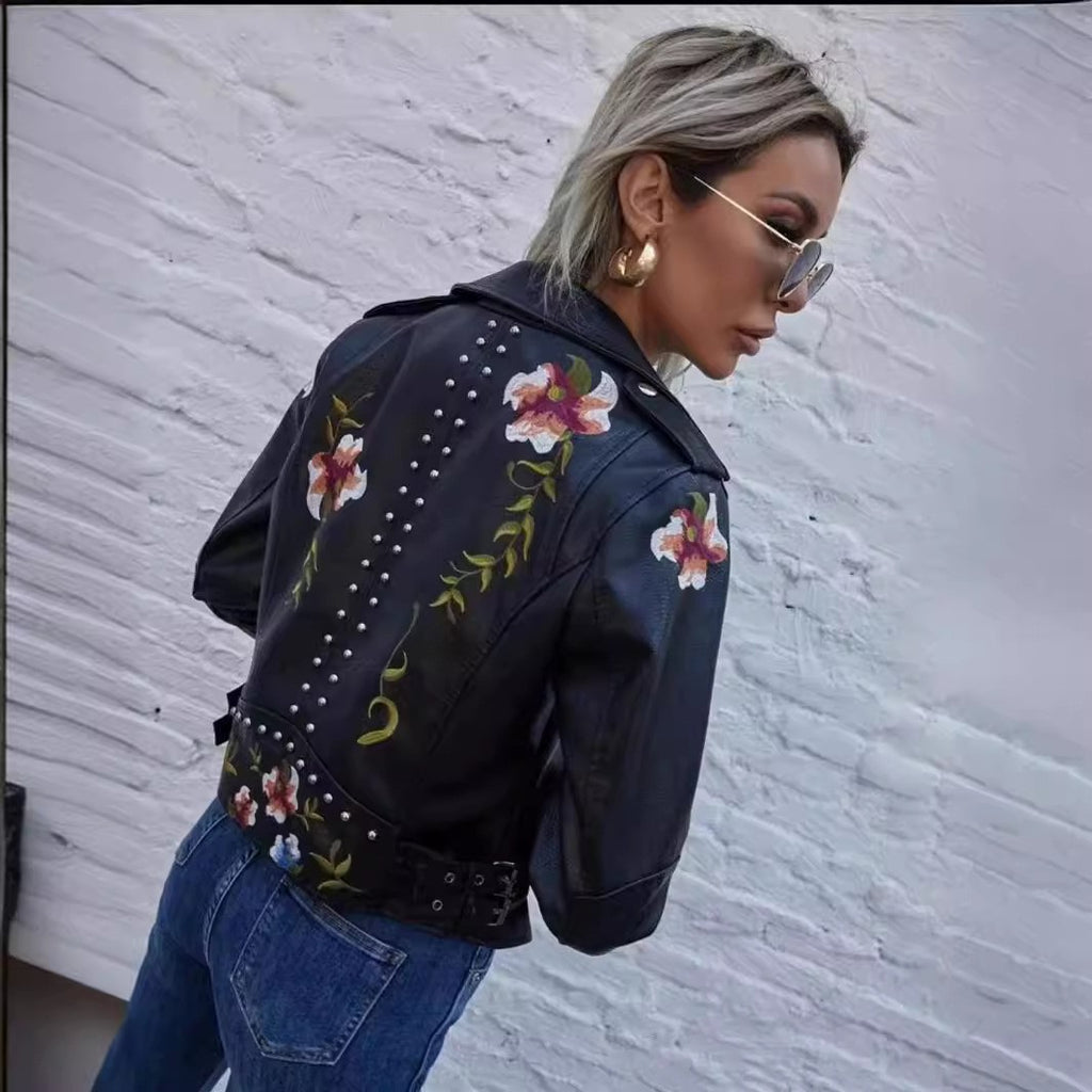 Floral Embroidered Faux Leather Studded Moto Jacket