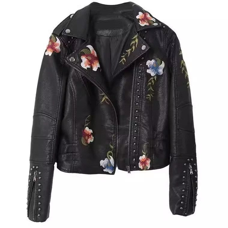 Floral Embroidered Faux Leather Studded Moto Jacket