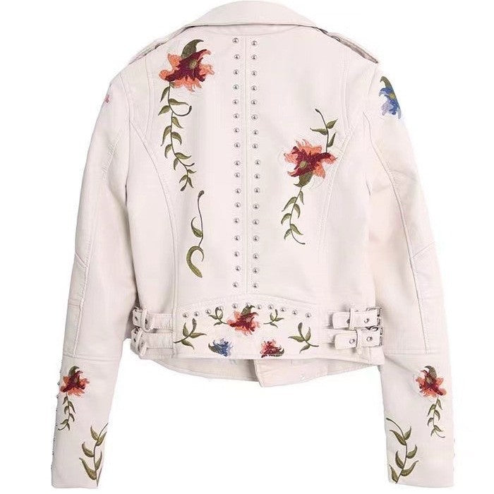 Floral Embroidered Faux Leather Studded Moto Jacket
