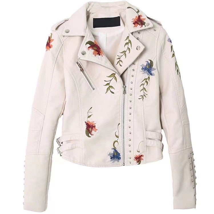 Floral Embroidered Faux Leather Studded Moto Jacket