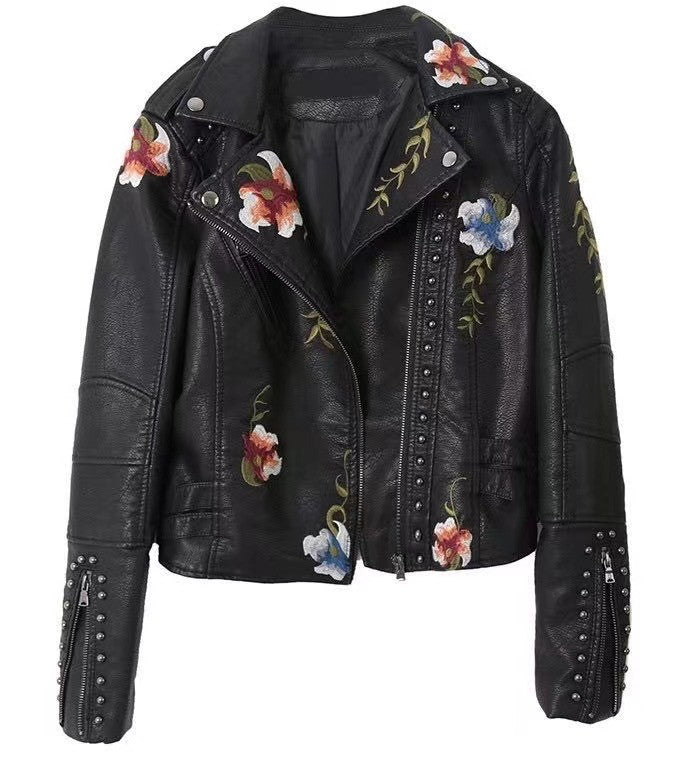 Floral Embroidered Faux Leather Studded Moto Jacket
