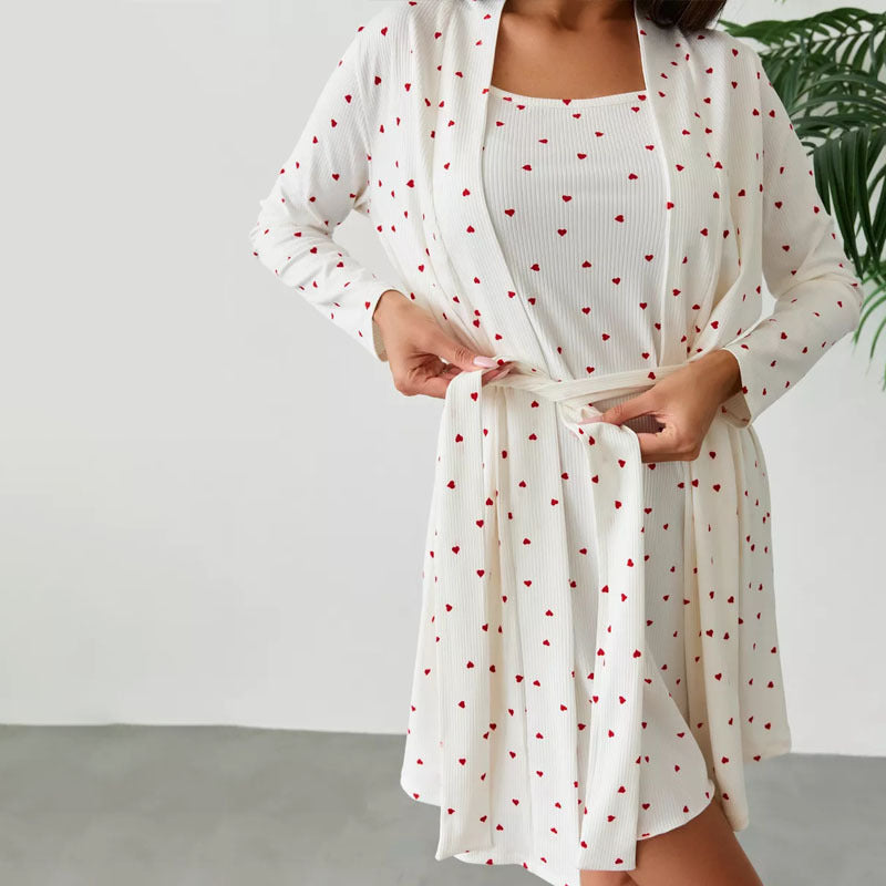 Heart Print Nightdress and Robe Set - Apricot