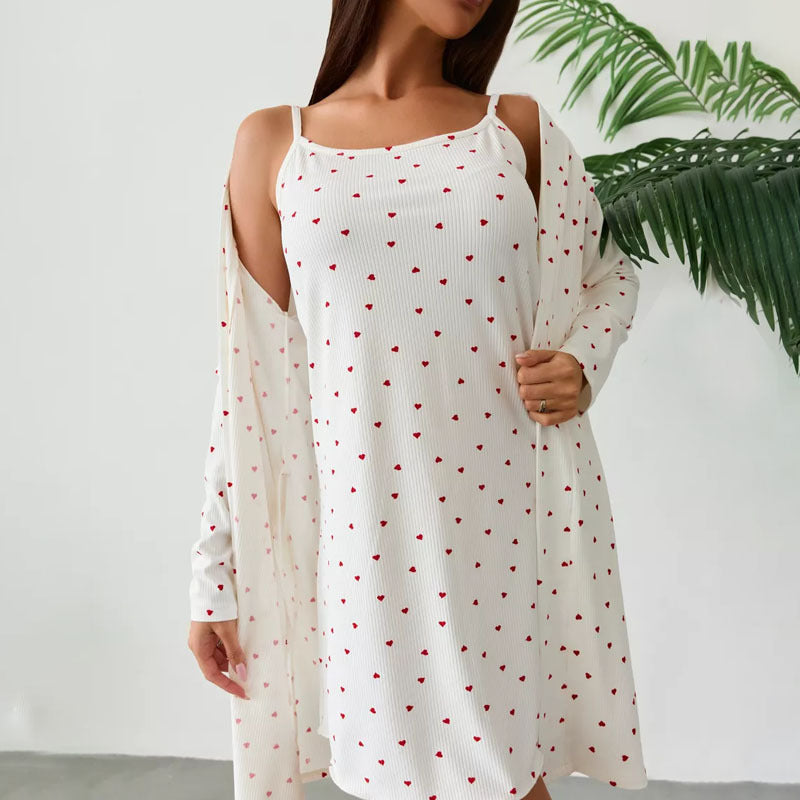 Heart Print Nightdress and Robe Set - Apricot - 1