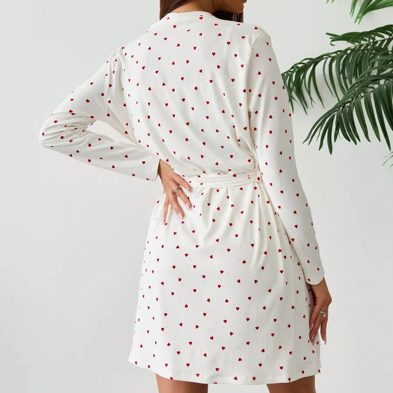 Heart Print Nightdress and Robe Set - Apricot - 2