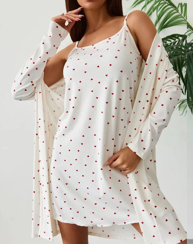 Heart Print Nightdress and Robe Set