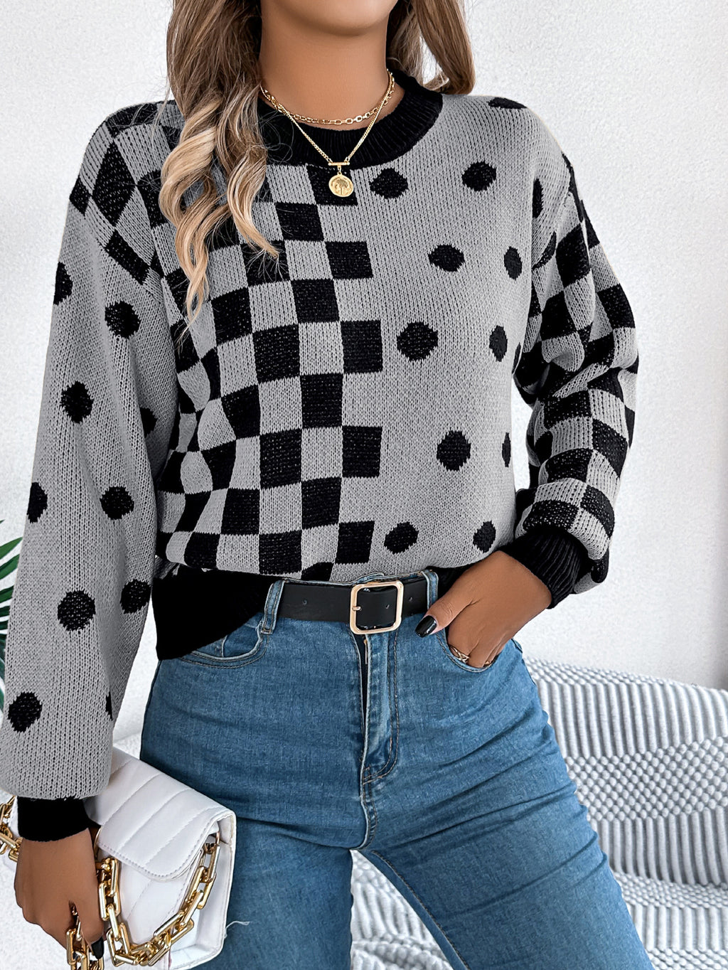 Checkerboard Polka Dot Balloon Sleeve Sweater - Grey