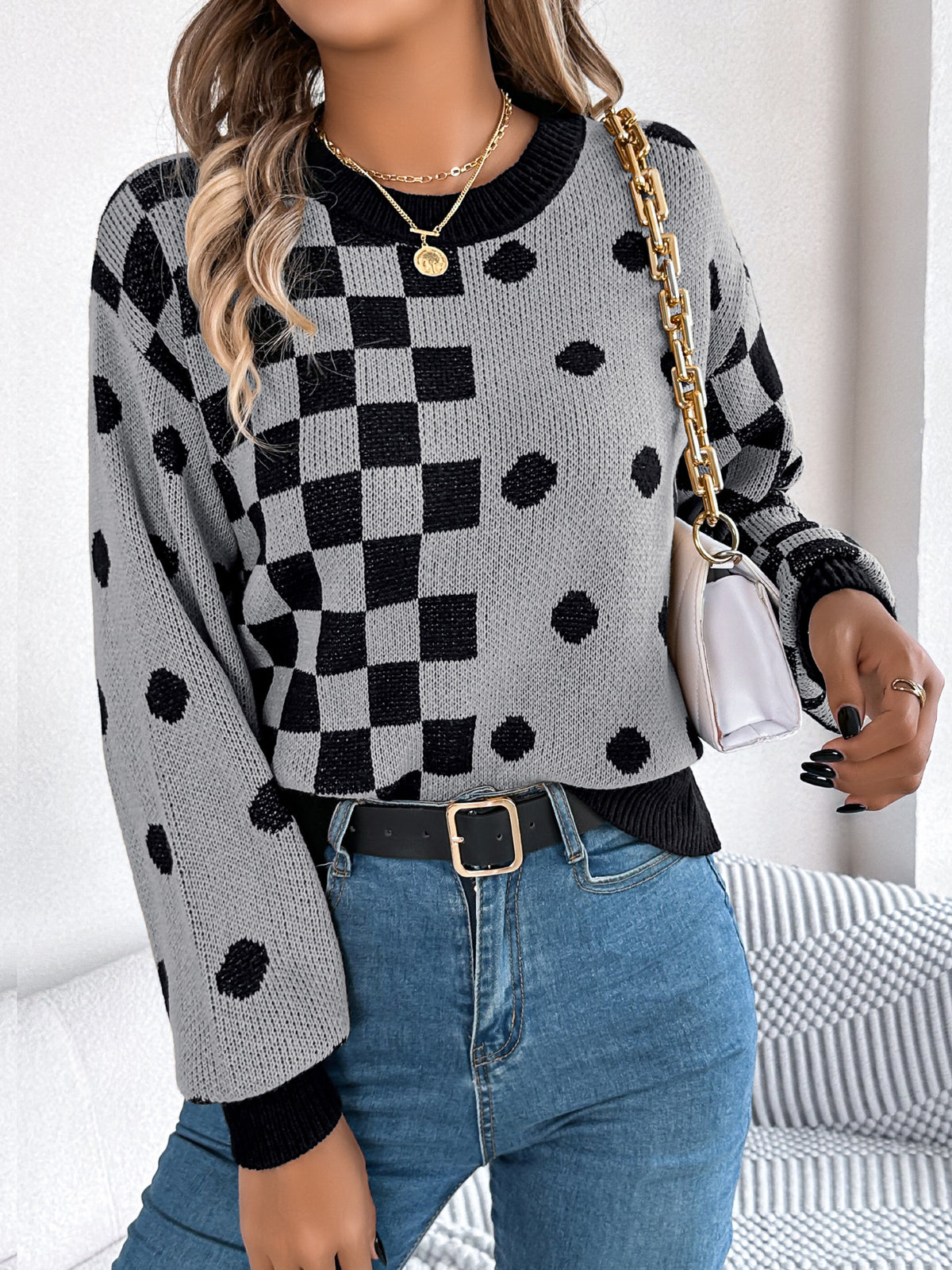 Checkerboard Polka Dot Balloon Sleeve Sweater - Grey - 1