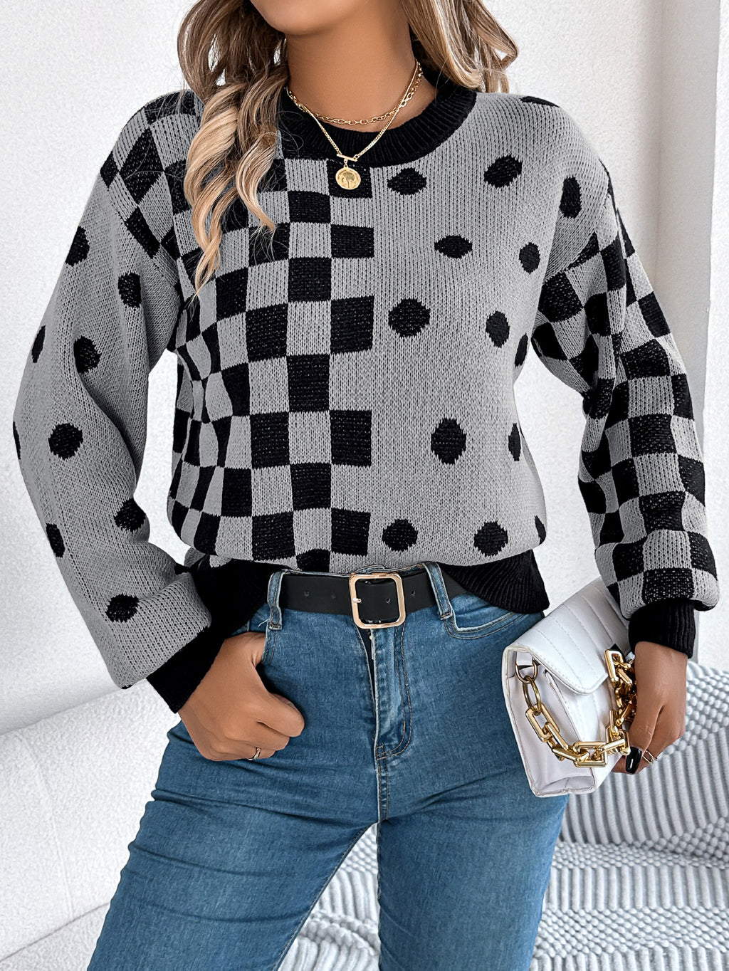 Checkerboard Polka Dot Balloon Sleeve Sweater - Grey - 2