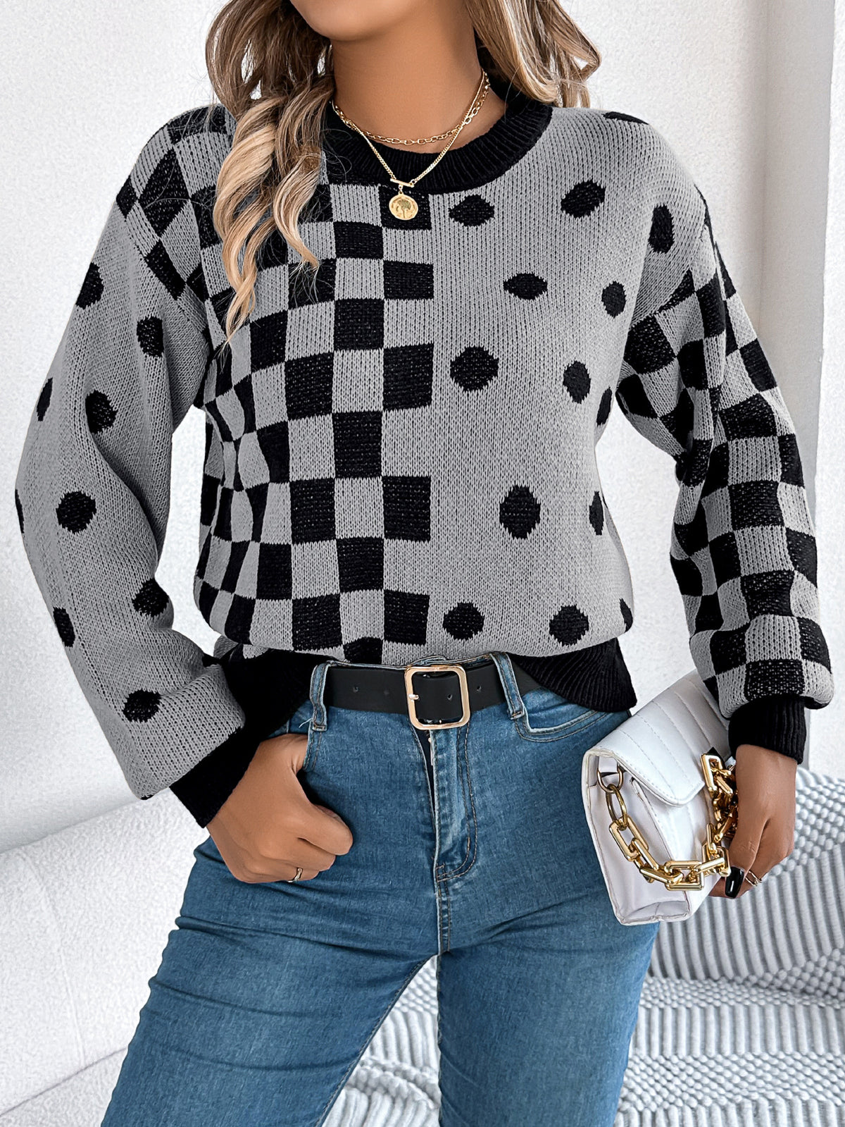 Checkerboard Polka Dot Balloon Sleeve Sweater - Grey - 2