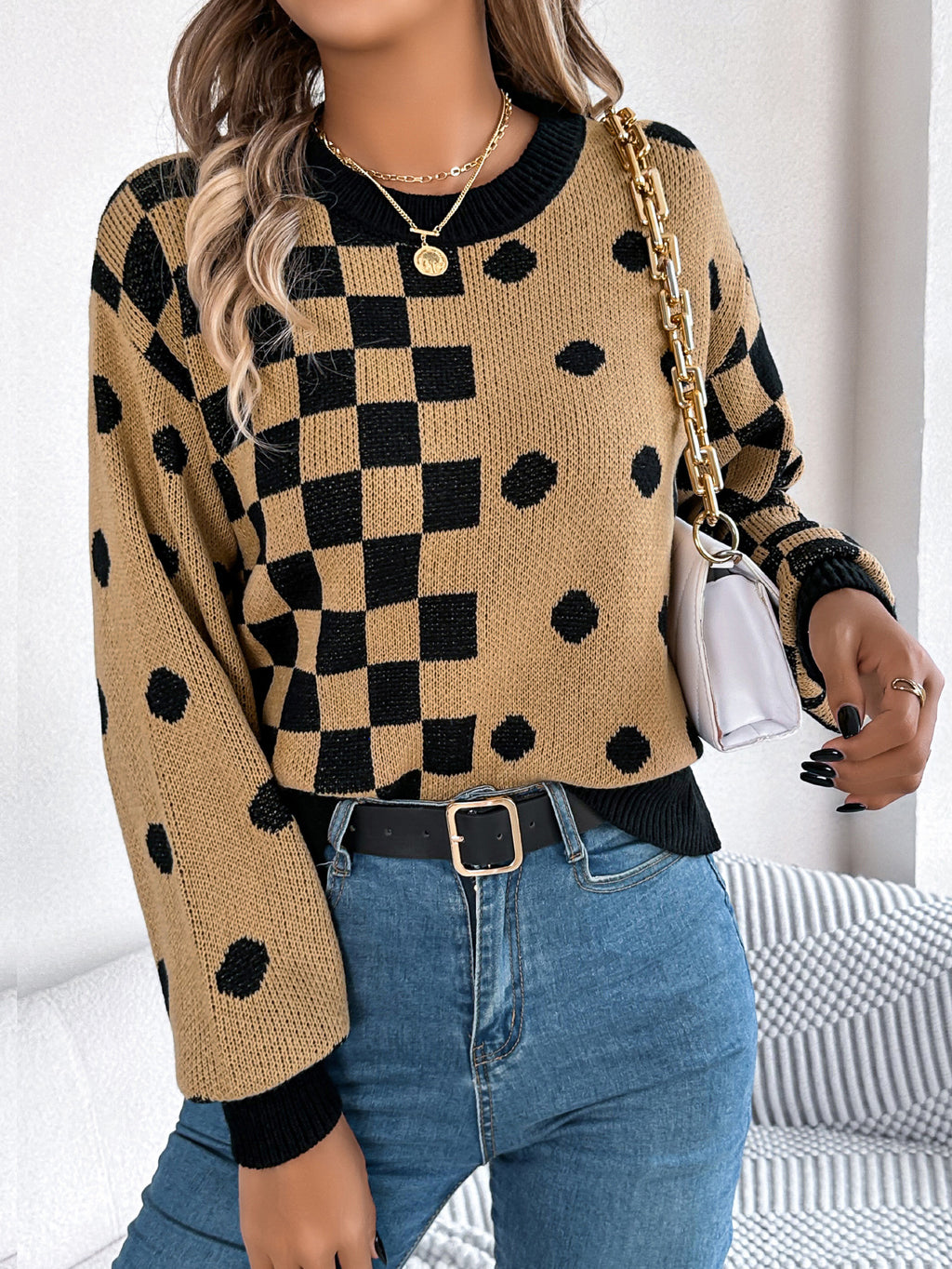 Checkerboard Polka Dot Balloon Sleeve Sweater - Khaki