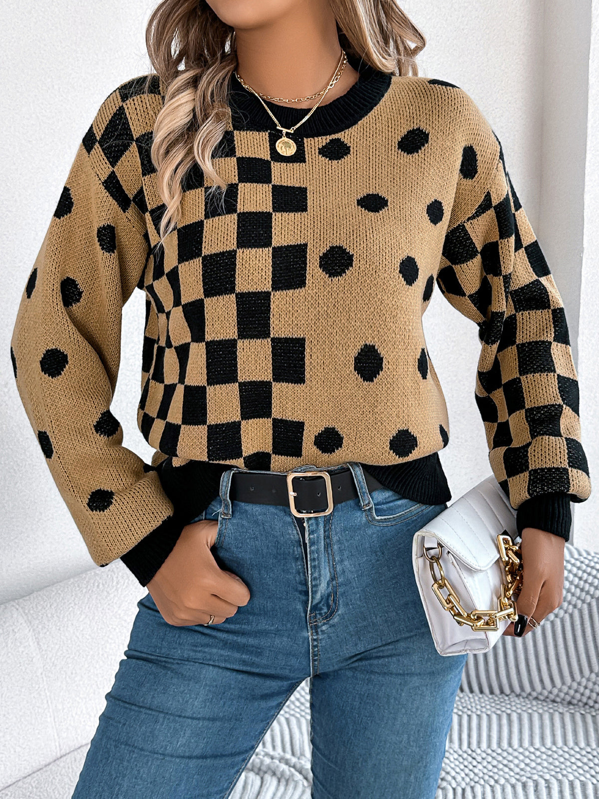 Checkerboard Polka Dot Balloon Sleeve Sweater - Khaki - 1