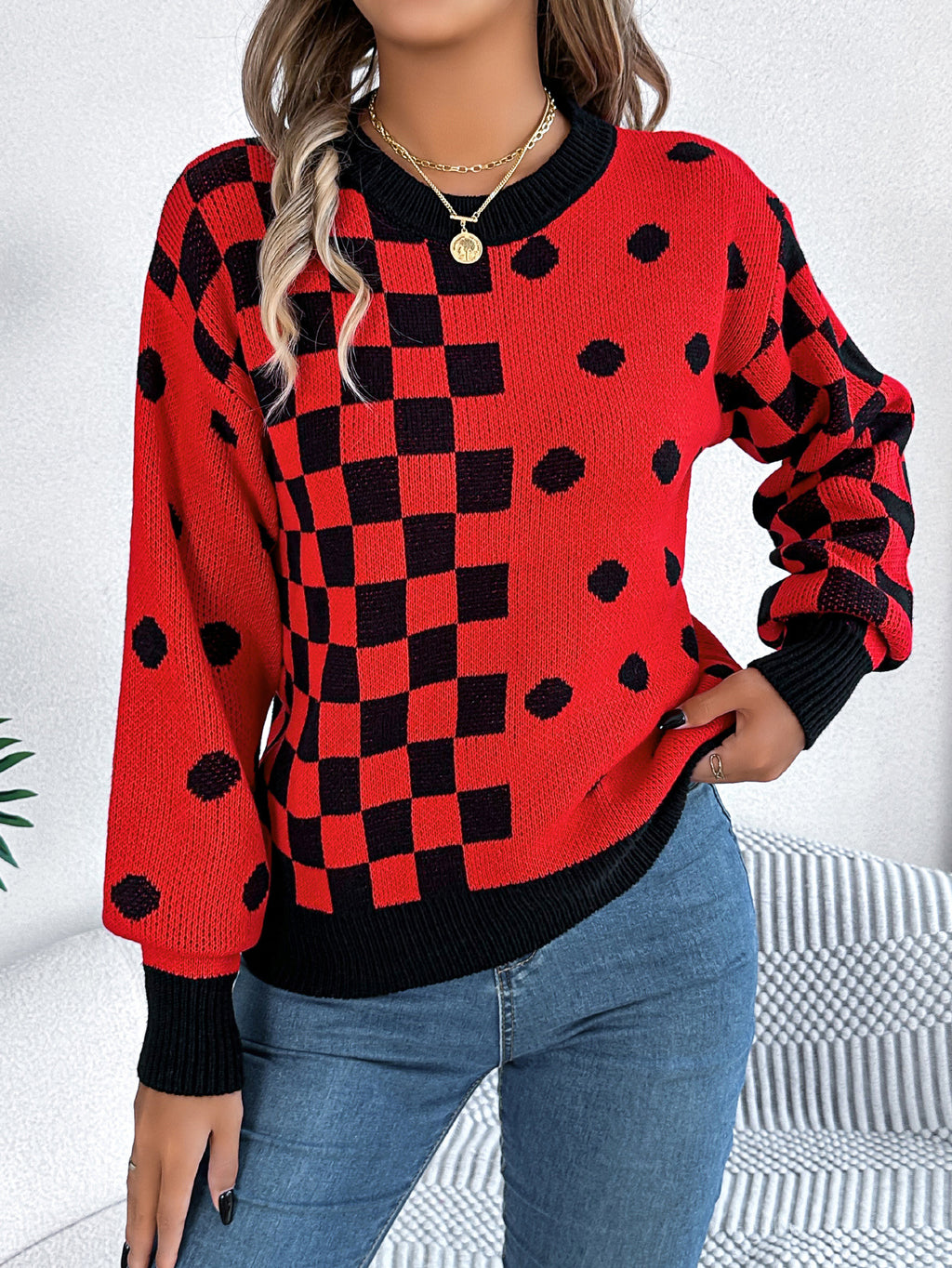 Checkerboard Polka Dot Balloon Sleeve Sweater - Red