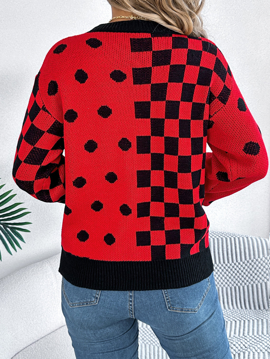 Checkerboard Polka Dot Balloon Sleeve Sweater - Red - 1
