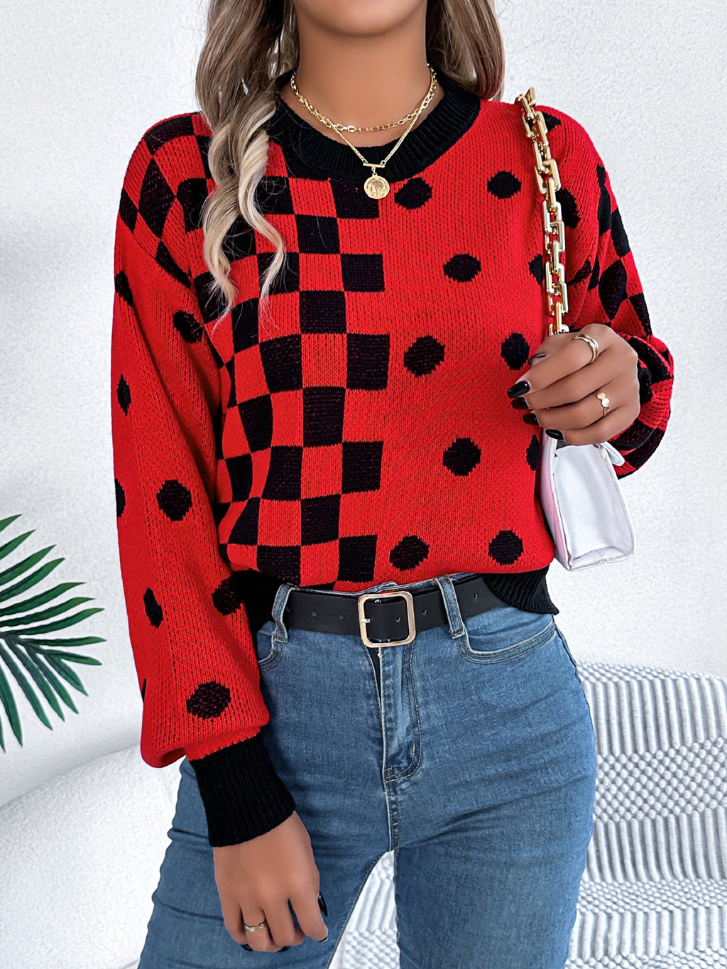 Checkerboard Polka Dot Balloon Sleeve Sweater - Red - 2